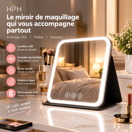 Miroir de Maquillage LED HPH – 3 Couleurs, Rechargeable & Pliable