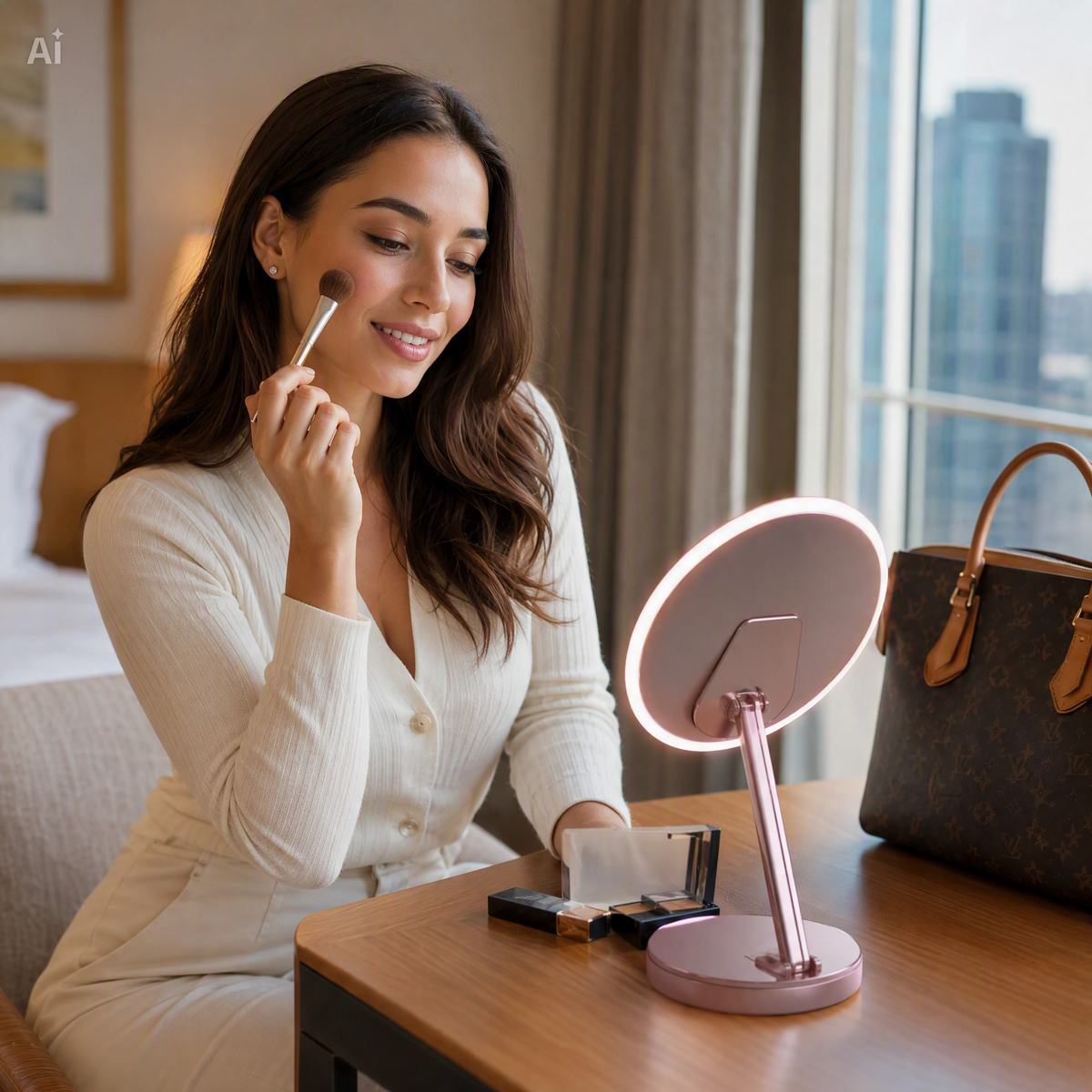 Femme utilisant le miroir LED HPH en voyage